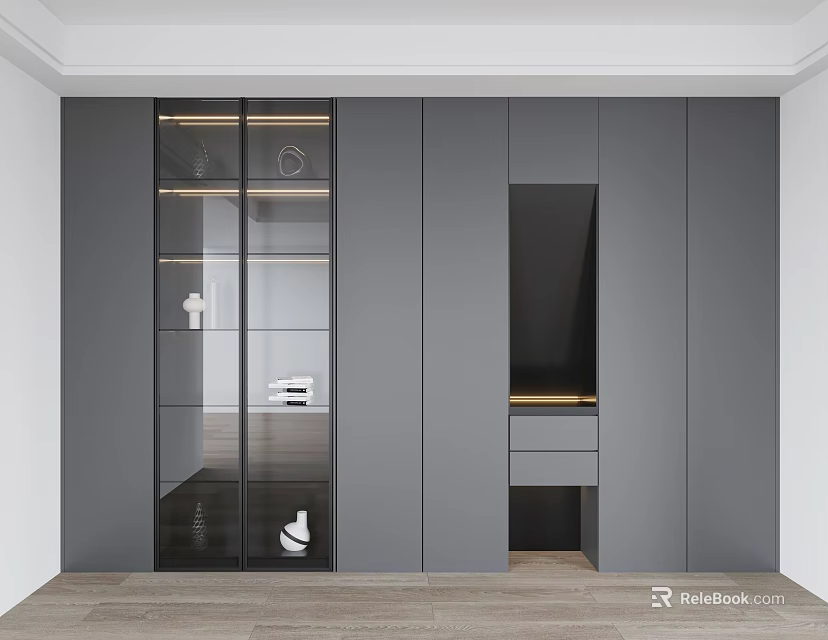 Sleek Modern Gray Wardrobe With Glass Doors Open Compartment Drawers And Layered Interior 3d model 