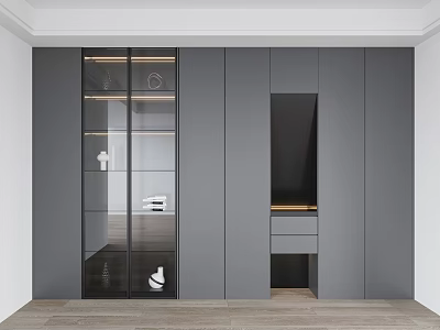 Sleek Modern Gray Wardrobe With Glass Doors Open Compartment Drawers And Layered Interior 3d model