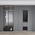 Sleek Modern Gray Wardrobe With Glass Doors Open Compartment Drawers And Layered Interior
