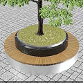 Circular Tree Planter With Grass Wooden Bench On Gray Tiled Floor With Built In Lighting