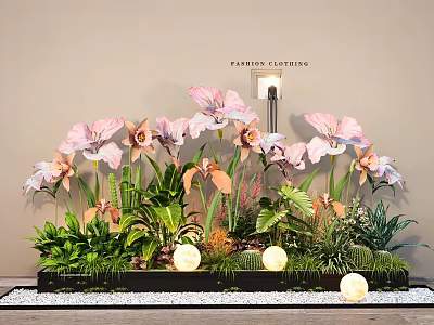 Bonsai Potted Plant Display With Pink Flowers Green Foliage Black Planter And White Pebbles 3d model