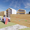 Modern White Multistory School Buildings Featuring Large Glass Windows Colorful Geometric Decorations And Green Lawn