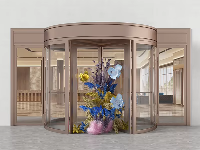 Activity Entrance With Brass Revolving Door Glass Panels And Decorative Floral Arrangement 3d model