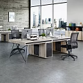 Modern Public Office Space With Wooden Desks Ergonomic Chairs Computers Green Plants And City View