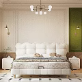 Elegant White Double Bed with Tufted Headboard Side Table Green Curtain and Chandelier
