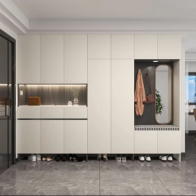 Elegant Modern White Shoe Cabinet With Mirror Clothing Hanging Area And LED Lighting 3d model