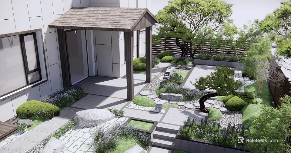 Modern Courtyard Garden With Wooden Pavilion Stone Path Greenery Rock Accents And Small Water Feature 3d model 