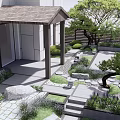 Modern Courtyard Garden With Wooden Pavilion Stone Path Greenery Rock Accents And Small Water Feature