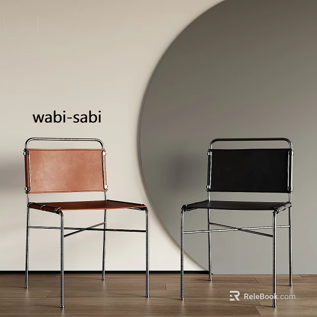 Wabi Sabi Style Dining Chairs With Brown And Black Leather Seats And Metal Frames 3d model 