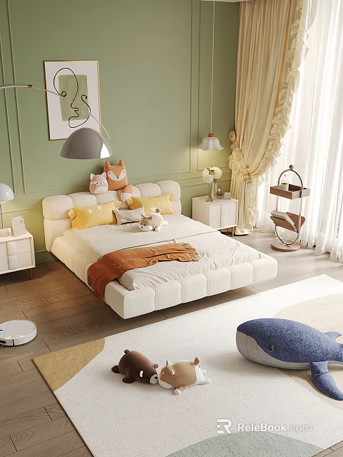White Upholstered Kids Bed With Yellow Pillows Orange Blanket Green Wall Decorative Painting 3d model 