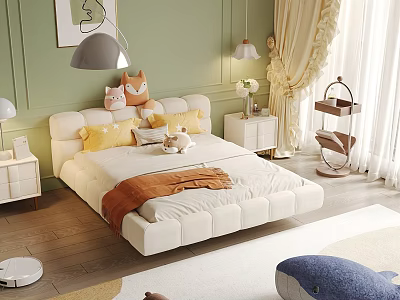 White Upholstered Kids Bed With Yellow Pillows Orange Blanket Green Wall Decorative Painting 3d model