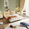 White Upholstered Kids Bed With Yellow Pillows Orange Blanket Green Wall Decorative Painting
