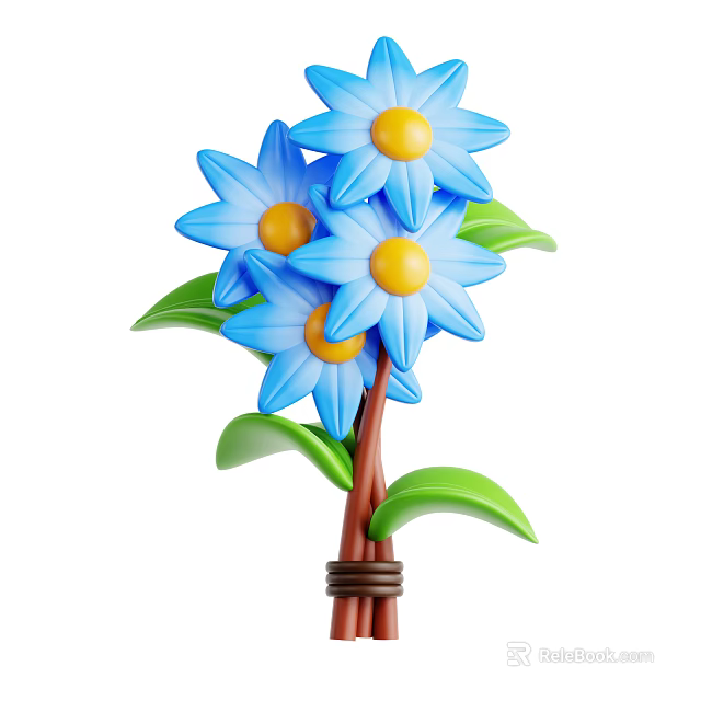 Vibrant Plant With Blue Flowers Yellow Centers Green Leaves And Brown Stems 3d model 