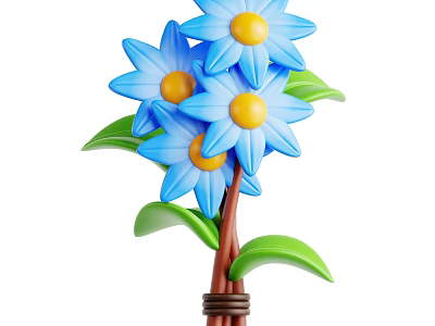 Vibrant Plant With Blue Flowers Yellow Centers Green Leaves And Brown Stems 3d model