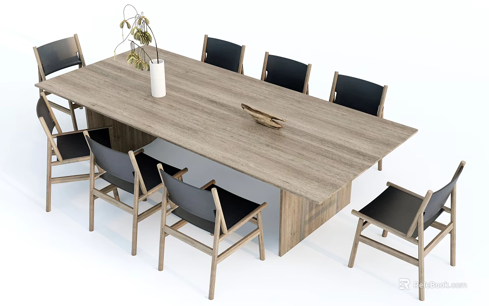 Wooden Dining Table Set With Black Chairs And Decorative Vase On Tabletop 3d model 