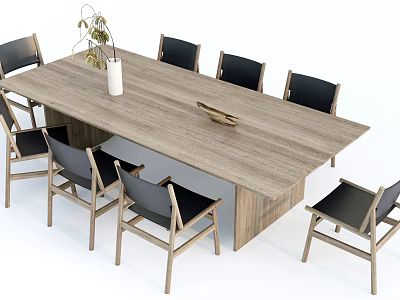 Wooden Dining Table Set With Black Chairs And Decorative Vase On Tabletop 3d model