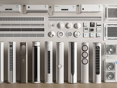 Display of Modern Air Conditioners and Fans with Various Wall Mounted Standing and Tower Designs 3d model