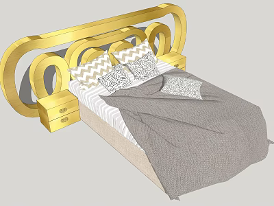 Double Bed with Unique Golden Design Headboard Gray Quilt Patterned Pillows and Bedside Tables 3d model