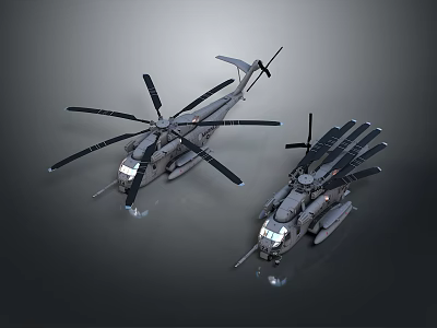 Two Military Style Helicopter Models With Multiple Rotors And Gray Bodies 3d model
