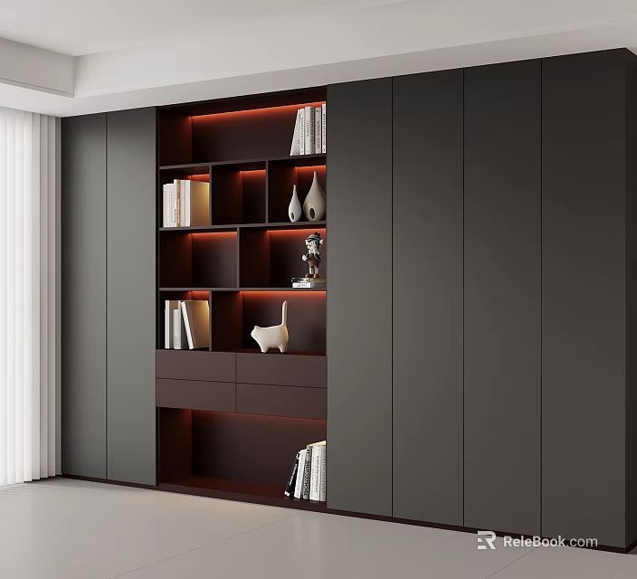 Modern Dark Bookcase With Open Shelves LED Lighting Decorative Vases And Small Statue 3d model 