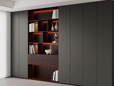 Modern Dark Bookcase With Open Shelves LED Lighting Decorative Vases And Small Statue 3d model