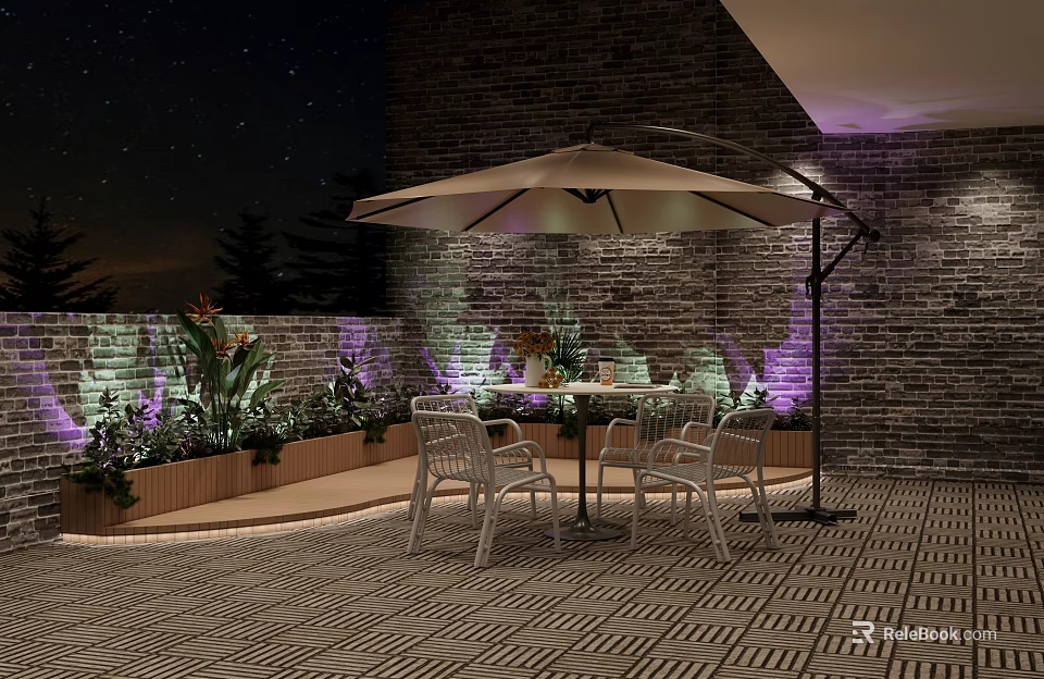 Clubhouse Outdoor Patio With Night Sky Brick Wall Umbrella Table Chairs And Purple Lighting 3d model 