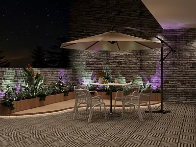Clubhouse Outdoor Patio With Night Sky Brick Wall Umbrella Table Chairs And Purple Lighting 3d model