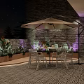 Clubhouse Outdoor Patio With Night Sky Brick Wall Umbrella Table Chairs And Purple Lighting