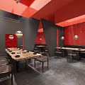 Modern Red Hotpot Restaurant Interior With Wooden Tables Leather Chairs And Pendant Lights