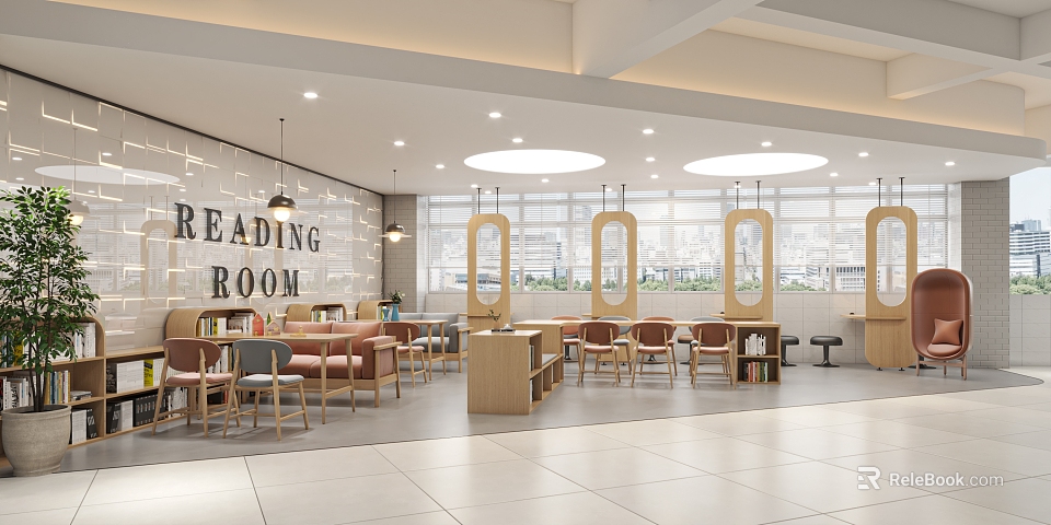 Book Art in Modern Reading Room with Wooden Bookshelves and Large Windows 3d model 