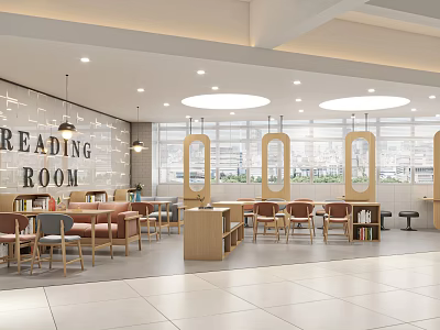 Book Art in Modern Reading Room with Wooden Bookshelves and Large Windows 3d model