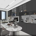 Modern Open Kitchen Interior With Marble Island Dark Cabinets And Dining Table