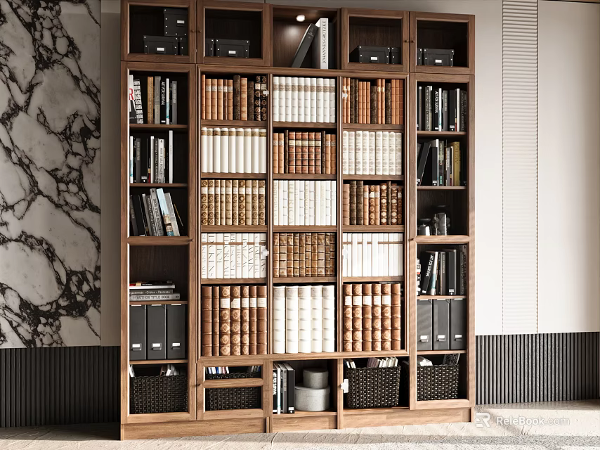Modern Wooden Bookcase With Organized Books Storage Baskets And Marble Wall Background 3d model 