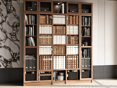 Modern Wooden Bookcase With Organized Books Storage Baskets And Marble Wall Background 3d model