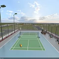 Rooftop Tennis Court With Green Surface White Lines Fencing Street Lamp And Yellow Ball