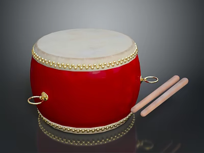Traditional Red Drum With White Head Golden Decorations And Wooden Drumsticks 3d model