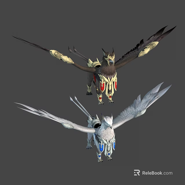 Fantasy Winged Creatures With Golden Red And White Blue Armor Like Details And Distinct Wings 3d model 