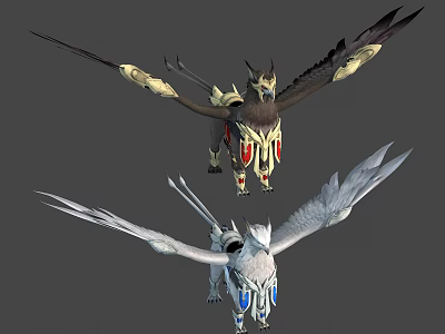 Fantasy Winged Creatures With Golden Red And White Blue Armor Like Details And Distinct Wings 3d model