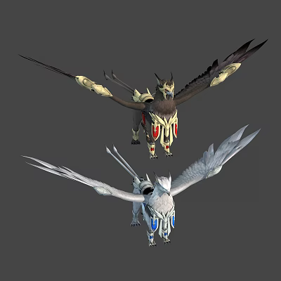 Fantasy Winged Creatures With Golden Red And White Blue Armor Like Details And Distinct Wings 3d model