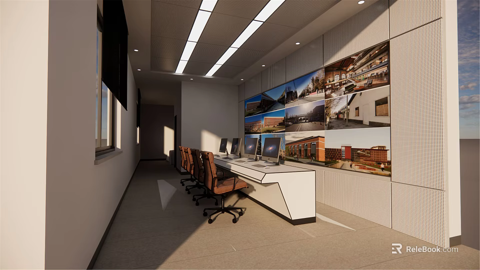 Modern Monitoring Room With Multiple Surveillance Screens And Workstation Setup 3d model 