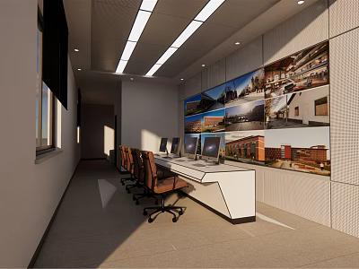 Modern Monitoring Room With Multiple Surveillance Screens And Workstation Setup 3d model