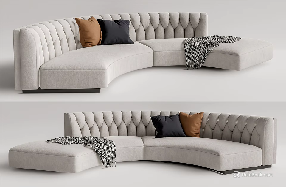 Light Gray Tufted Sectional Sofa With Brown And Black Pillows And Checkered Throw Blanket 3d model 