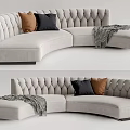 Light Gray Tufted Sectional Sofa With Brown And Black Pillows And Checkered Throw Blanket 3d model