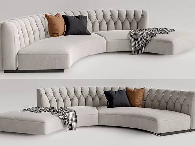 Light Gray Tufted Sectional Sofa With Brown And Black Pillows And Checkered Throw Blanket 3d model