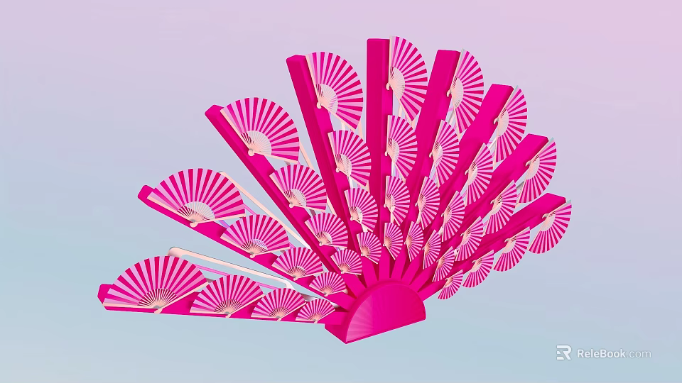 Pink Fan Shaped Decoration Composed Of Multiple Small Fans With White Patterns 3d model 