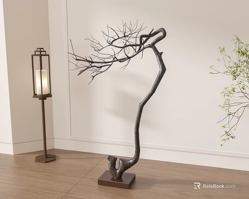 Bonsai Plant With Curved Trunk And Dried Branches On Square Wooden Base With Lantern Floor Lamp In Indoor Space 3d model 