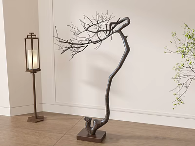 Bonsai Plant With Curved Trunk And Dried Branches On Square Wooden Base With Lantern Floor Lamp In Indoor Space 3d model