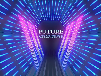 Future Tech Inspired Illuminated Event Passage With Blue Pink Lights And Hello World Theme 3d model