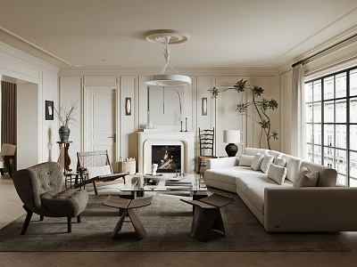 Elegant Modern Living Room With White Sofa Armchairs Fireplace Coffee Tables Plants And Large Windows 3d model