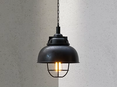Black Metal Pendant Light With Dome Shade And Cage Lit Bulb Against Gray Textured Wall 3d model